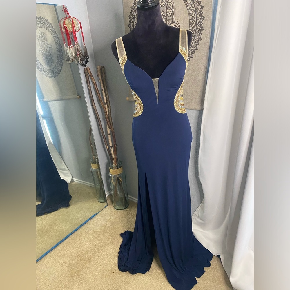 New w/Tags Terani Couture Navy and Gold Prom Dress